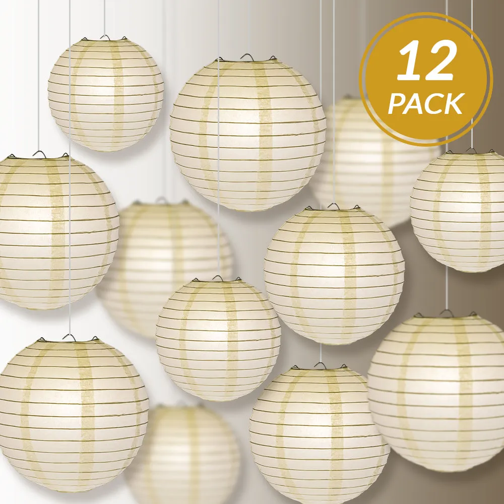 12-PC Beige / Ivory Paper Lantern Chinese Hanging Wedding & Party Assorted Decoration Set, 12/10/8-Inch