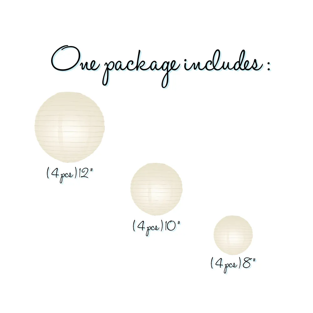 12-PC Beige / Ivory Paper Lantern Chinese Hanging Wedding & Party Assorted Decoration Set, 12/10/8-Inch