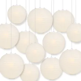 12-PC Beige / Ivory Paper Lantern Chinese Hanging Wedding & Party Assorted Decoration Set, 12/10/8-Inch