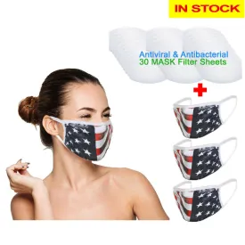 Amba7 Reusable Breathable Cloth Face Mask - Machine Washable, Non-Surgical Double Layer Anti-Dust Protection, Unisex - For Home, Office, Travel, Camping or Cycling (USA Flag Design 3-Pack With Filters (30 PCS)) In Stock