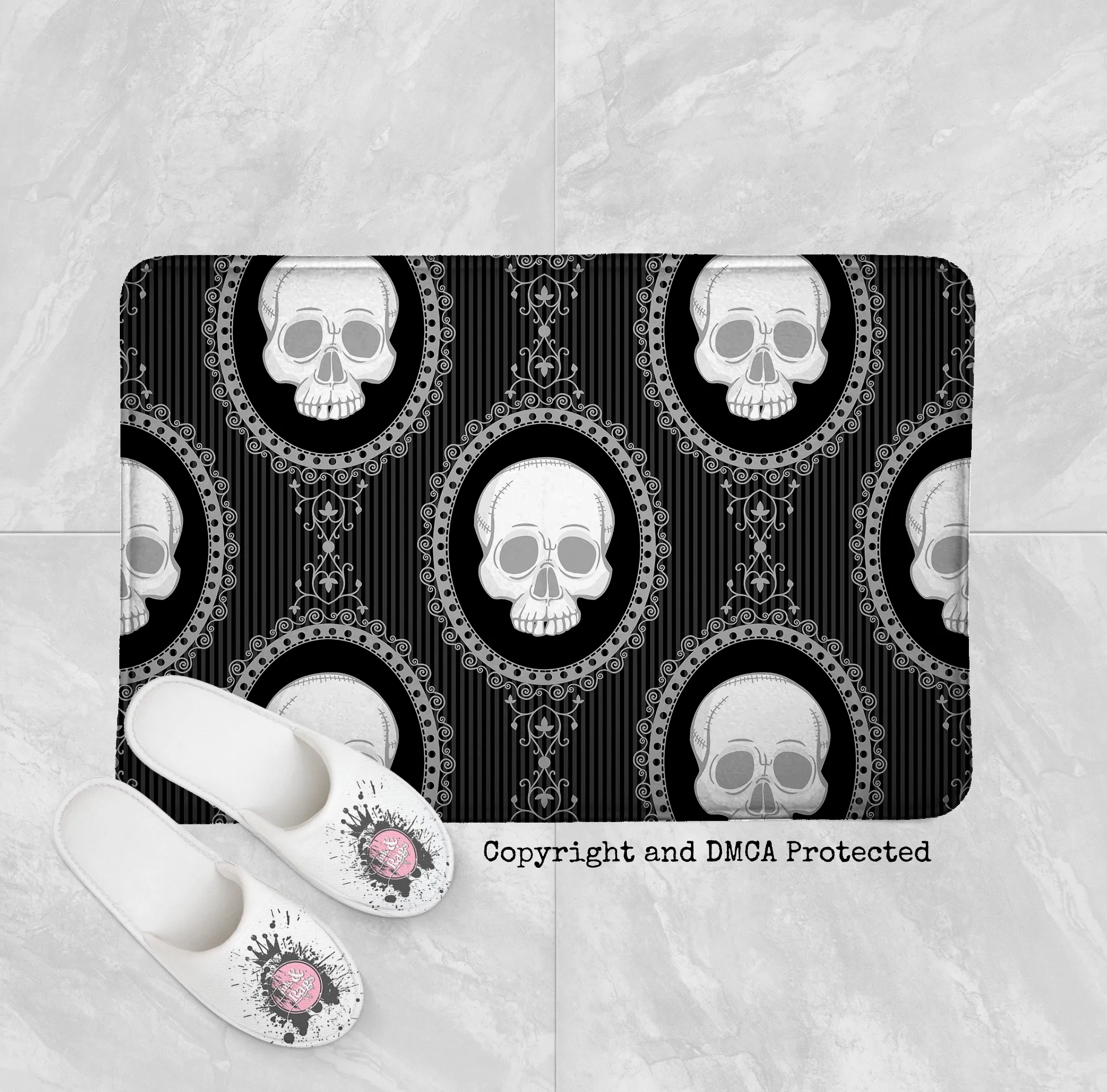 Black and White Cameo Skull Shower Curtains and Optional Bath Mats