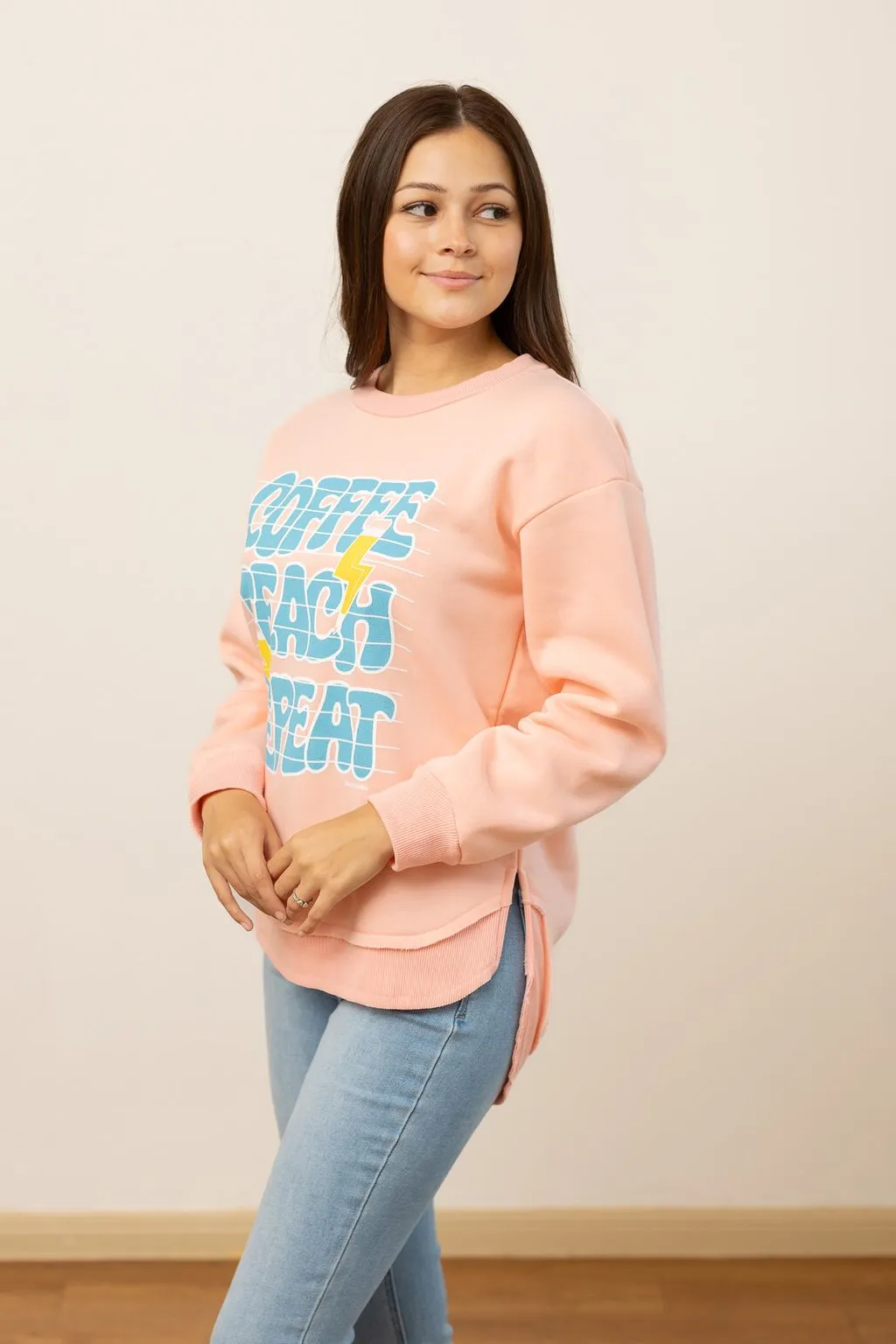 Coffee Teach Repeat on Pink French Terry Sweatshirt With Ribbed Knit