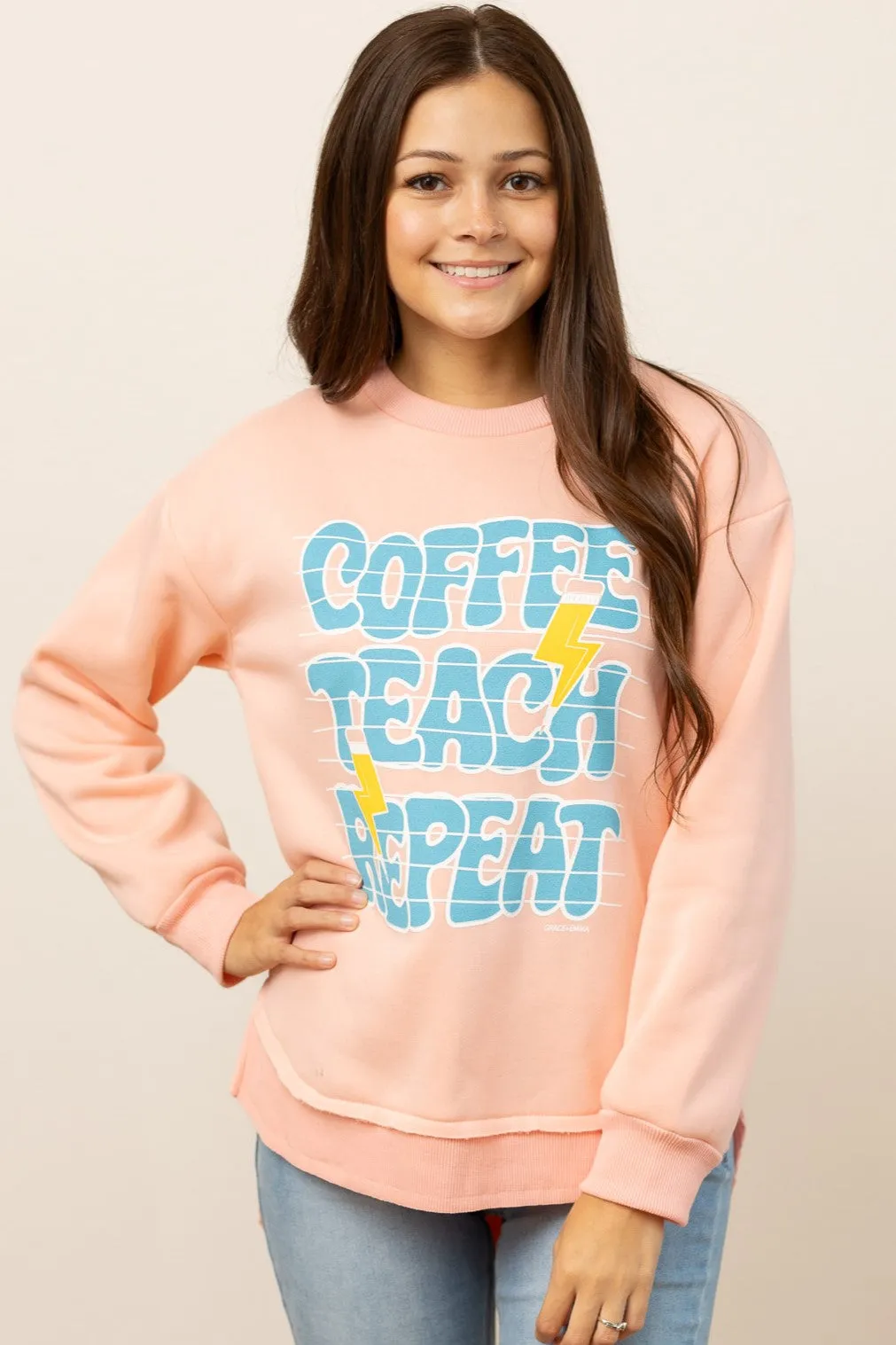 Coffee Teach Repeat on Pink French Terry Sweatshirt With Ribbed Knit