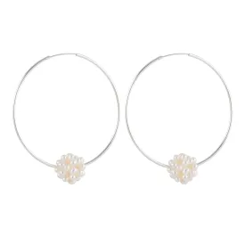 Endless Silver Hoop Earrings with a Cluster of Pearls