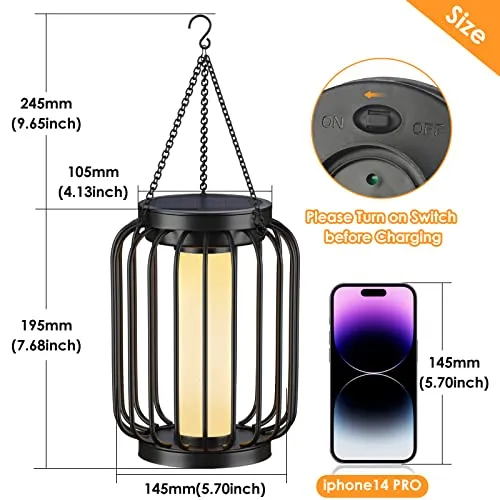 Mlambert Solar Lantern Outdoor Waterproof, Hanging Solar Lights with Crystal Shining Effect, Solar Powered Outdoor Lights for Patio, Garden, Yard, Metal Decorative Lighting with Hook, Black, 2-Pack