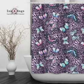 Purple Leopard Butterfly Shower Curtains and Optional Bath Mats