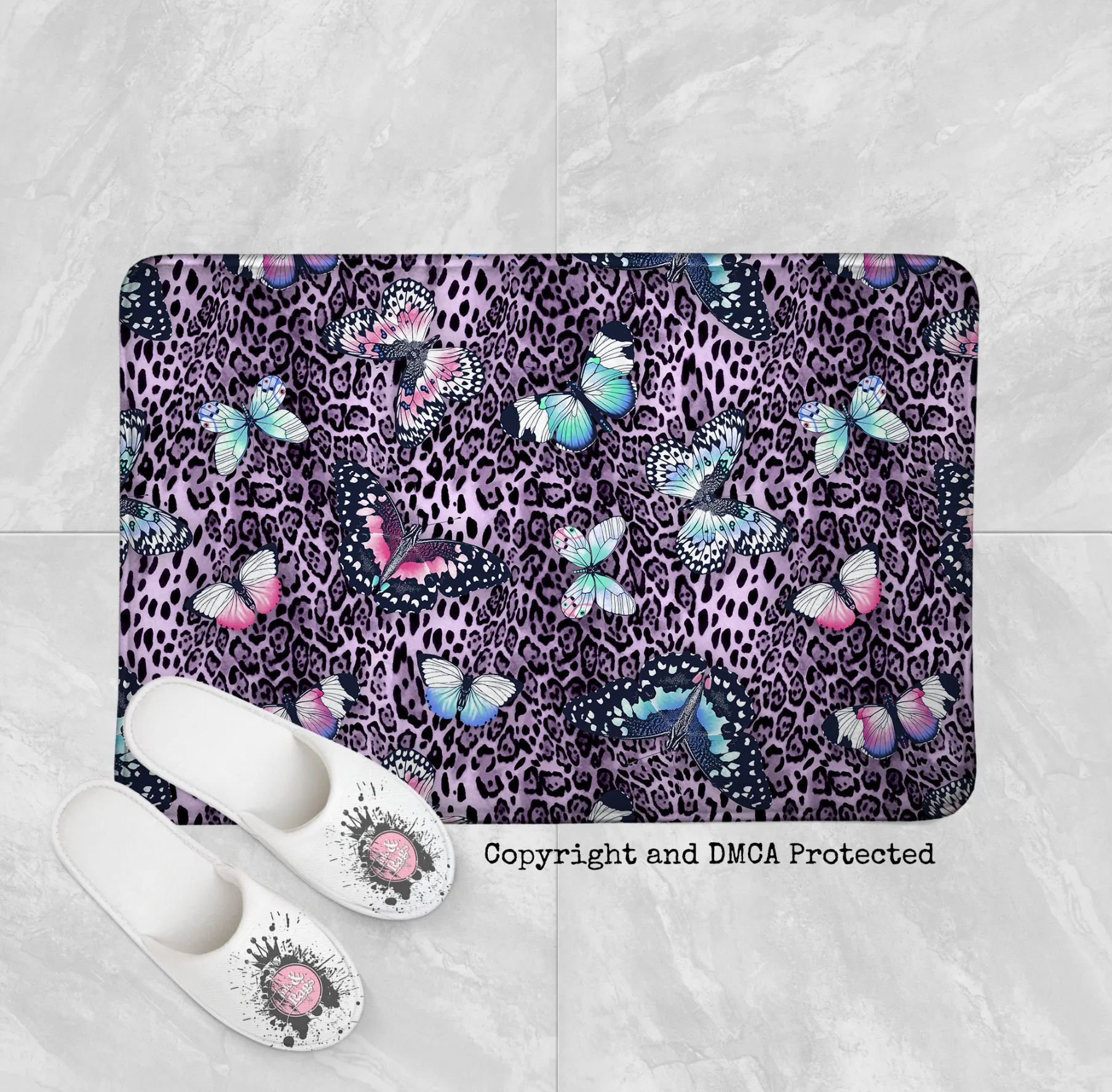 Purple Leopard Butterfly Shower Curtains and Optional Bath Mats