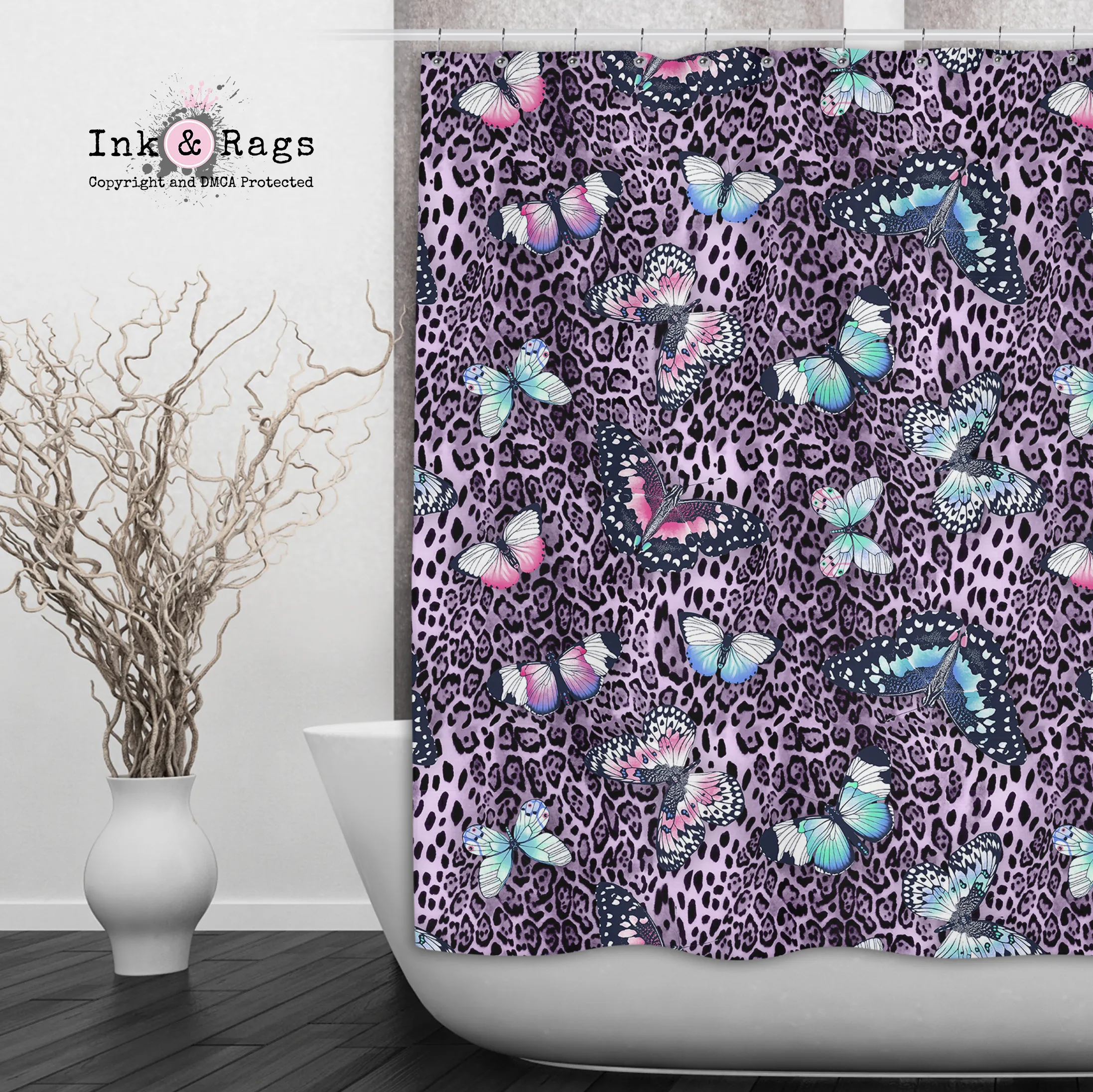 Purple Leopard Butterfly Shower Curtains and Optional Bath Mats