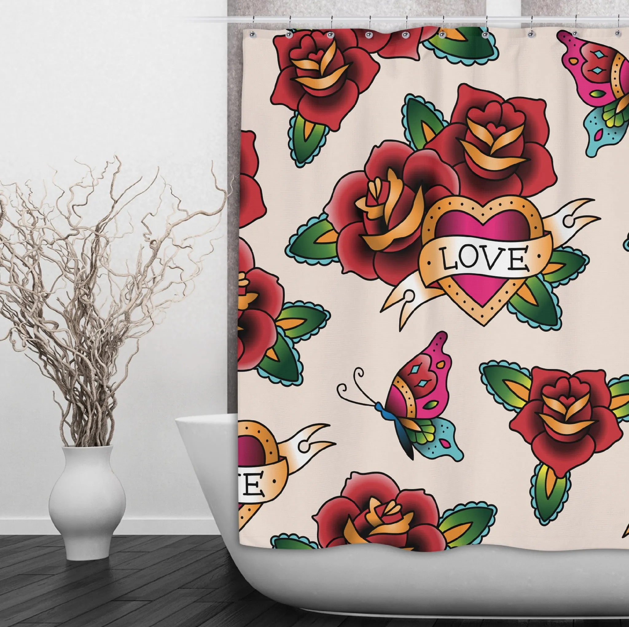 Rockabilly with Love Heart and Rose Design Shower Curtains and Optional Bath Mats