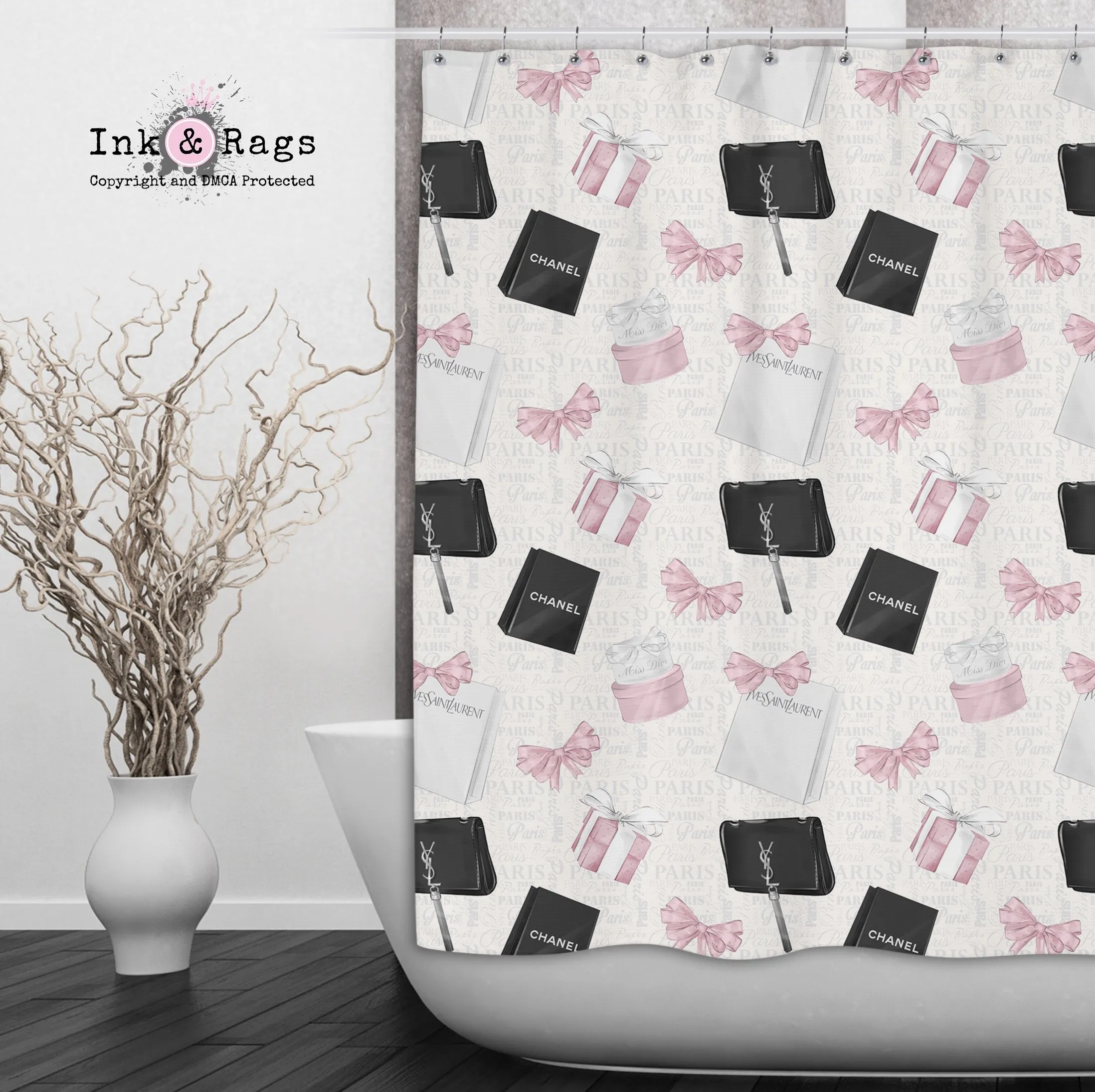 Shopping Spree Paris Text Fashion Shower Curtains and Optional Bath Mats