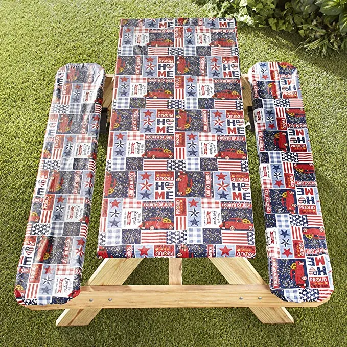 The Lakeside Collection Picnic Table and Bench Seat Covers with Elastic Edges - Americana - 3 Pieces