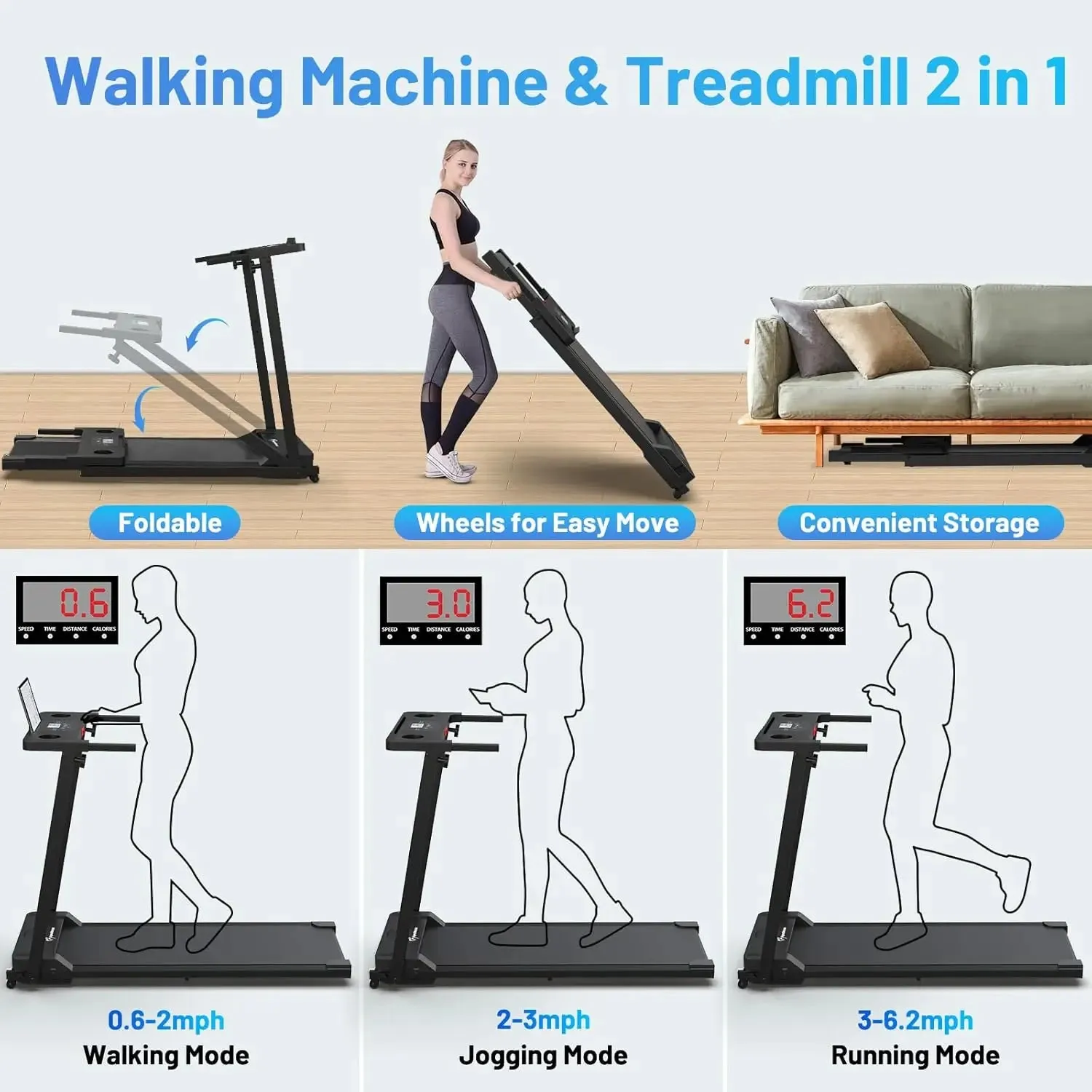 Walking Treadmill Pad, Portable Desk Treadmills for Home Small, Mini Treadmill with Handle Bar, Office 300 lb Cap for S