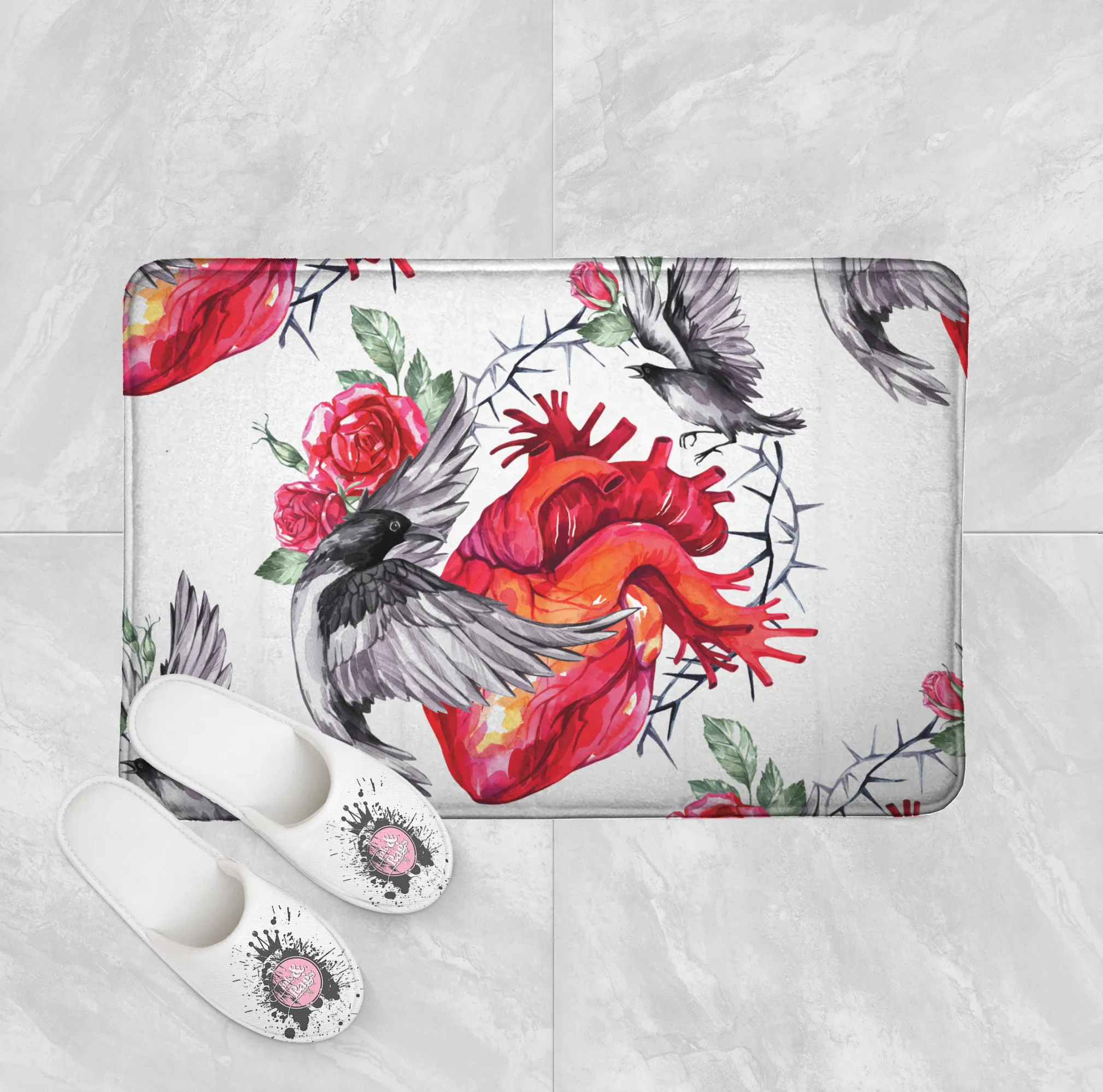 Watercolor Heart Rose and Raven Shower Curtains and Optional Bath Mats